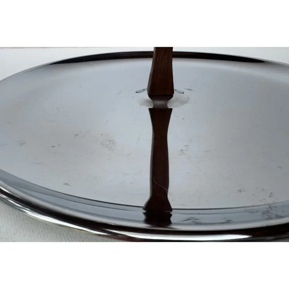 Vintage Mid Century Modern Chrome Serving Tray with Rotating Wood Handle